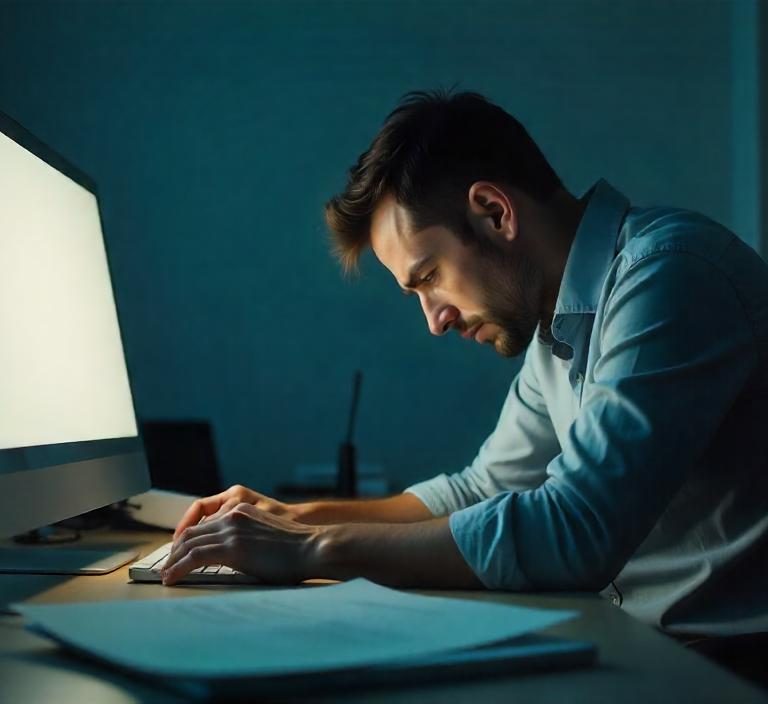 A drained young man tired at his office desk