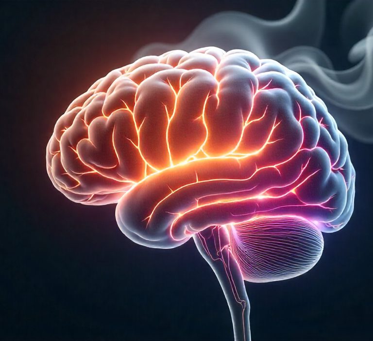 Conceptual illustration of a translucent human brain with illuminated neural pathways