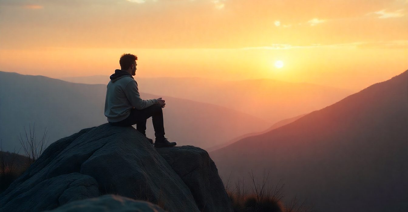 A person sitting alone at mountaintop