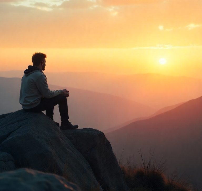 A person sitting alone at mountaintop