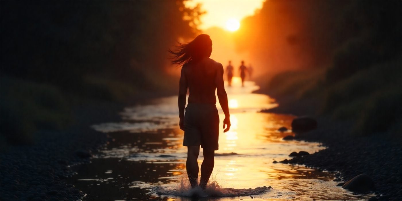 A person walking away from shadowy crowd