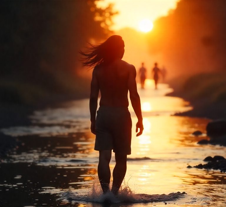 A person walking away from shadowy crowd
