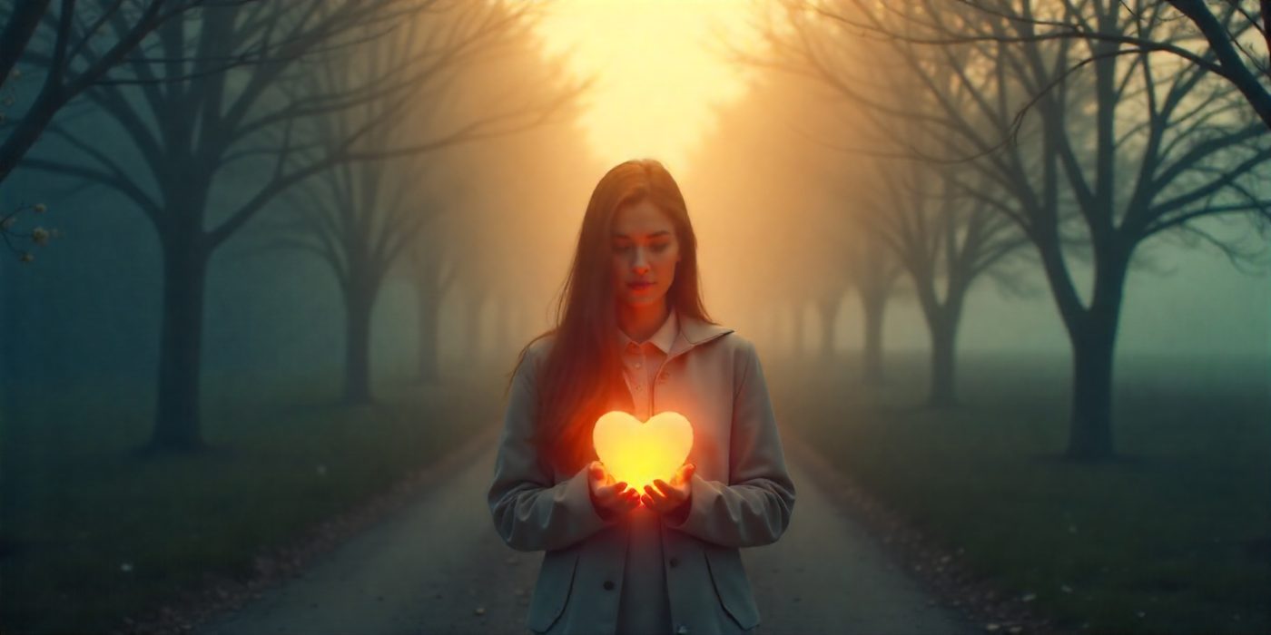An image of a person, holding glowing heart on hands