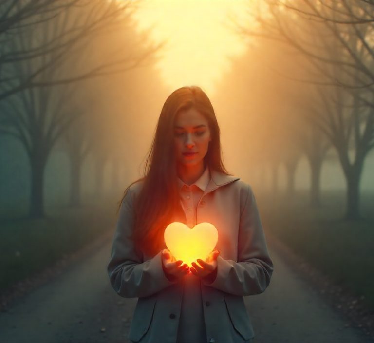 An image of a person, holding glowing heart on hands